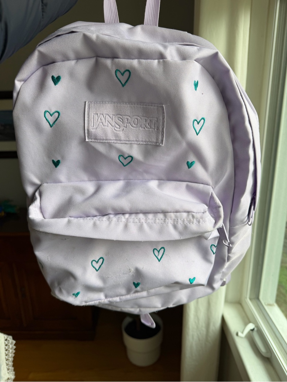 Jansport Lilac Mini Backpack with Teal Heart Accents
